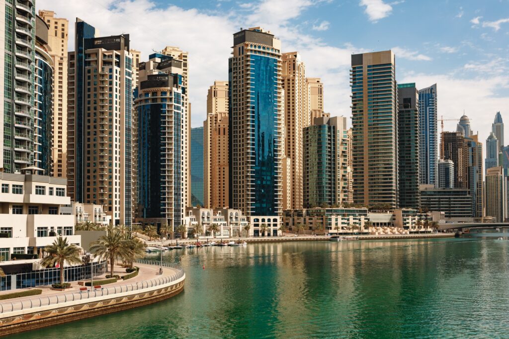 Dubai Marina skyscrapers and port in Dubai, United Arab Emirates