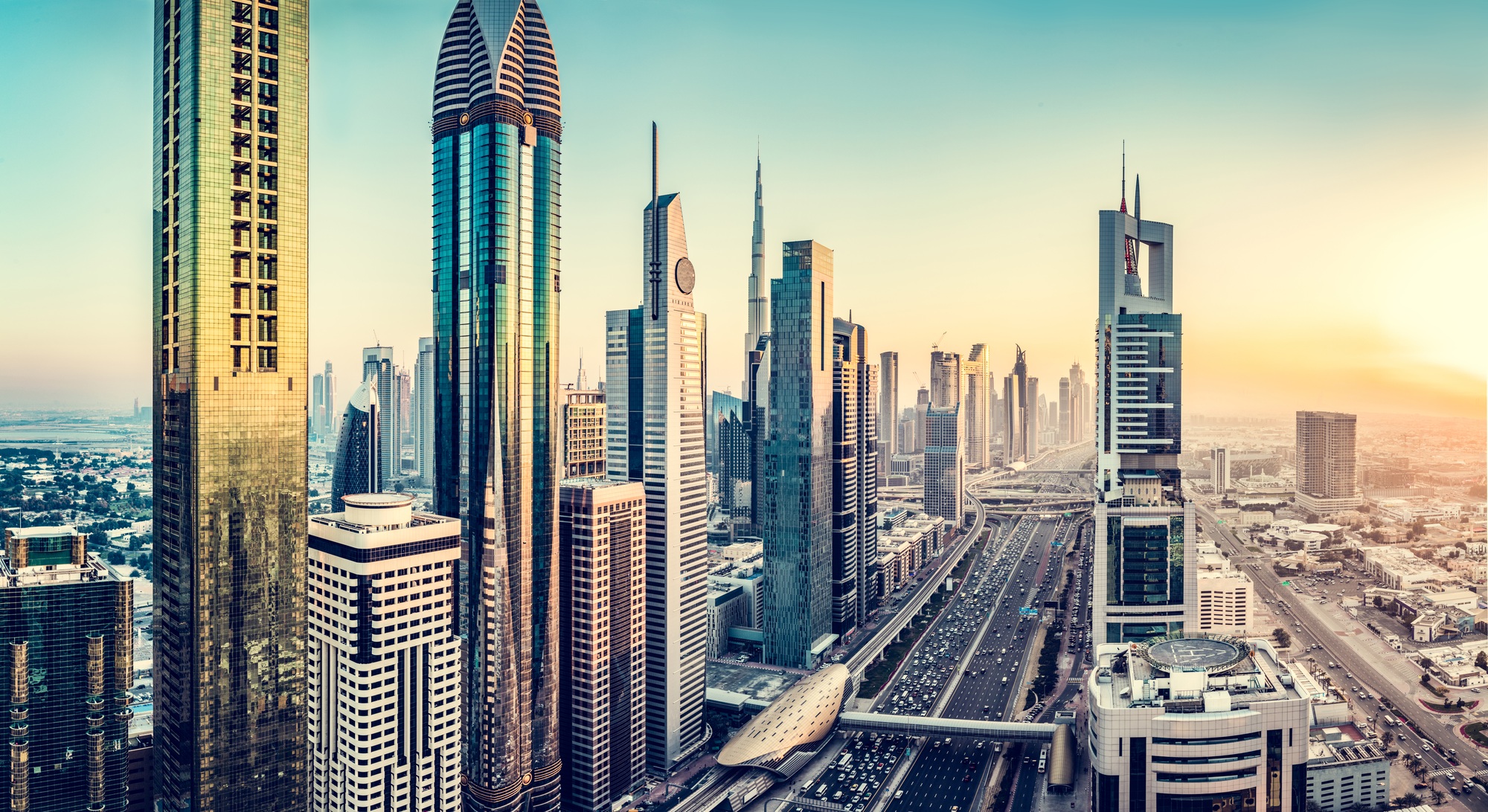 Skyscrapers city highrise business buildings in downtown Dubai