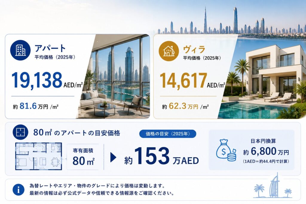 ドバイ不動産の価格相場をまとめた図。2024年のDLD公式データをもとに、アパートとヴィラの1㎡あたりの平均価格を比較し、80㎡のアパートを購入した場合のおおよその価格目安をAEDと日本円でわかりやすく示しています。
