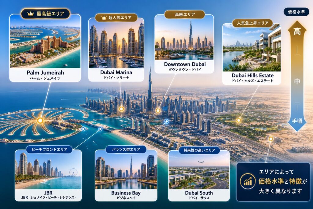 ドバイの主要不動産エリアを比較した図。Palm Jumeirah、Downtown Dubai、Dubai Marina、Business Bay、Dubai Hills Estate、JBR、Dubai Southなどの代表的なエリアを位置関係とともに紹介し、価格帯や特徴がエリアごとに大きく異なることをわかりやすく示しています。