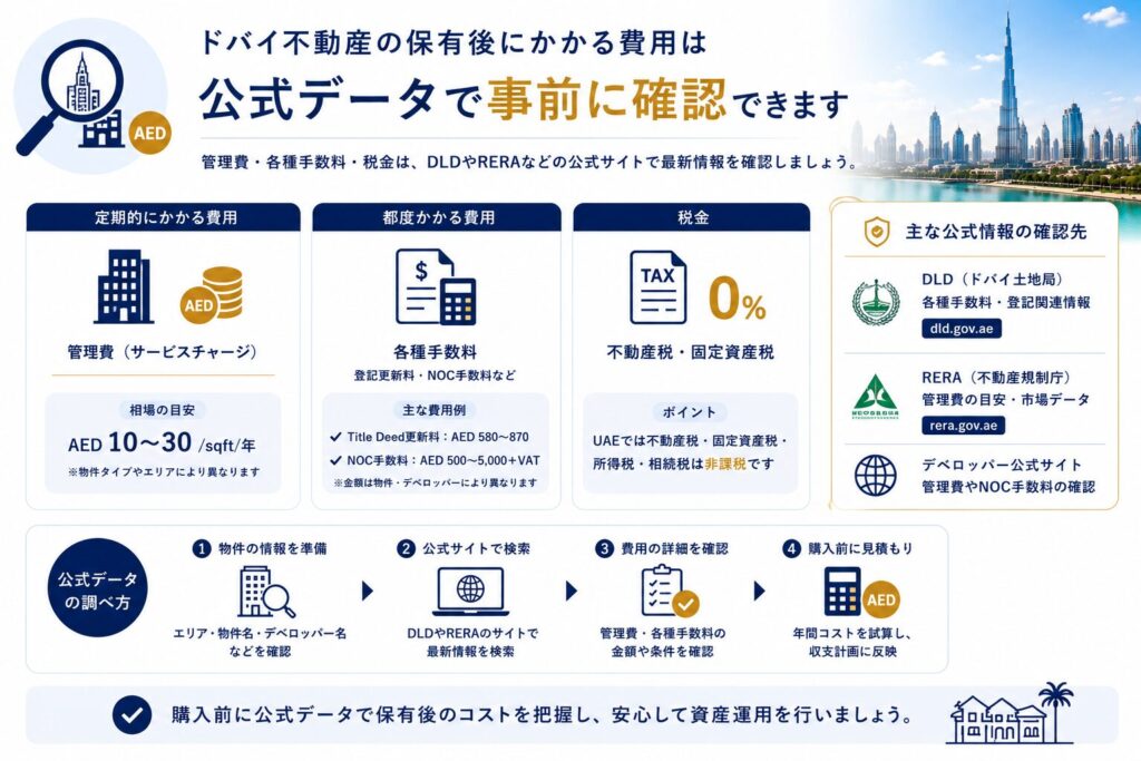 ドバイ不動産の保有後にかかるコストを確認する方法をまとめた図。管理費(サービスチャージ)、各種手数料、税金の有無を整理し、DLD・RERA・デベロッパーの公式情報をもとに最新の費用を確認する重要性を解説しています。