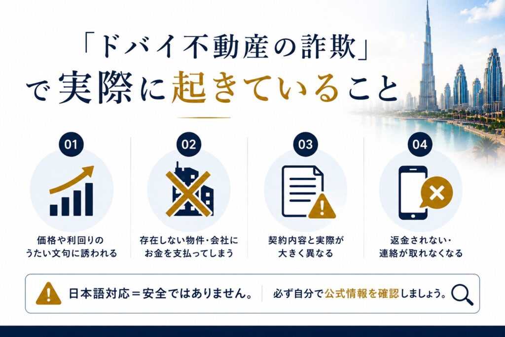 ドバイ不動産に関する金銭トラブルの代表例をまとめた図。高利回りをうたう勧誘、実在しない物件・会社への送金、契約内容と実態の相違、支払い後に連絡が取れなくなるケースを示し、日本語対応だけで判断せず公式情報を確認する重要性を解説しています。