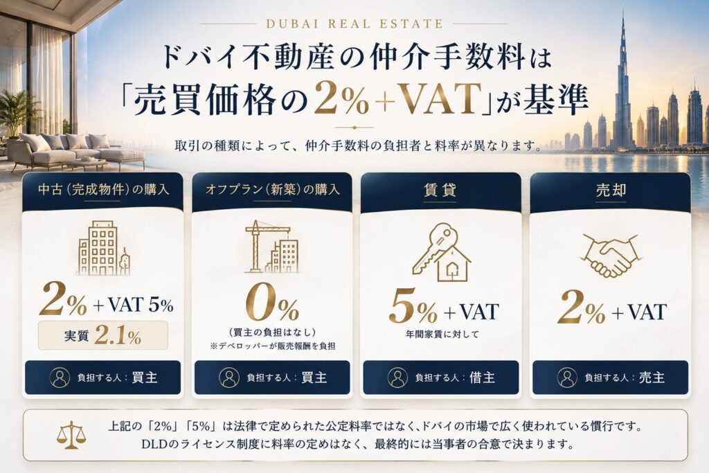ドバイ不動産の仲介手数料の目安を比較した図。中古購入は売買価格の2%+VAT(実質2.1%)、オフプラン購入は買主負担0%、賃貸は年間家賃の5%+VAT、売却は売買価格の2%+VATが一般的な市場慣行であることをまとめています。