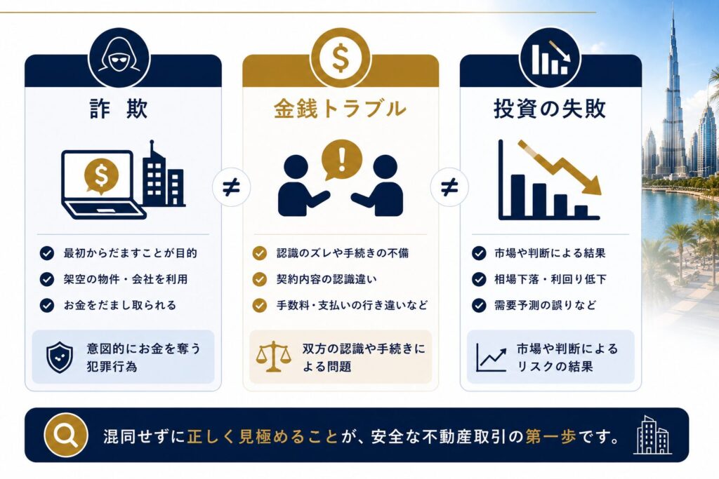 ドバイ不動産における「詐欺」「金銭トラブル」「投資の失敗」の違いを比較した図。それぞれの原因や特徴を整理し、同じ「損失」でも性質や対処方法が異なることを分かりやすく解説しています。