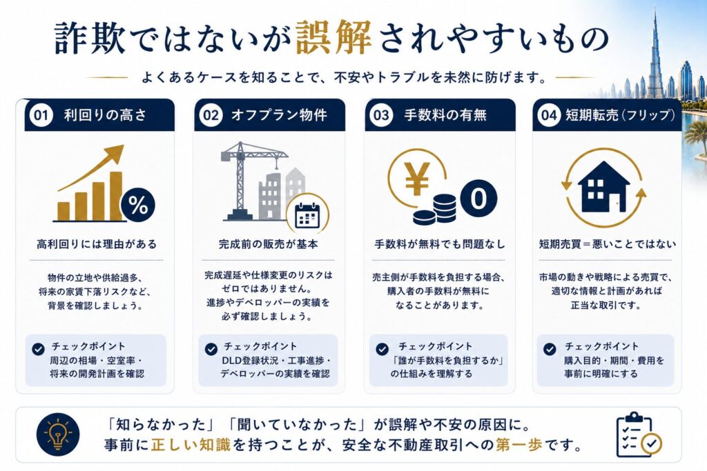ドバイ不動産で詐欺と誤解されやすい代表的な4つのケースをまとめた図。高利回り、オフプラン物件、仲介手数料無料、短期転売（フリップ）は必ずしも詐欺ではなく、仕組みや条件を正しく理解して判断することが重要であると解説しています。