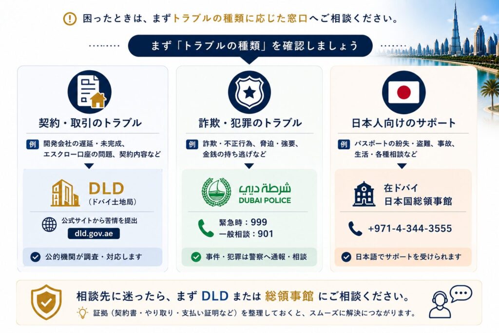 ドバイ不動産でトラブルが発生した際の相談窓口を整理した図。契約・取引に関する問題はDLD（ドバイ土地局）、詐欺や犯罪はDubai Police、日本人向けの生活・緊急支援は在ドバイ日本国総領事館へ相談する流れを示しています。