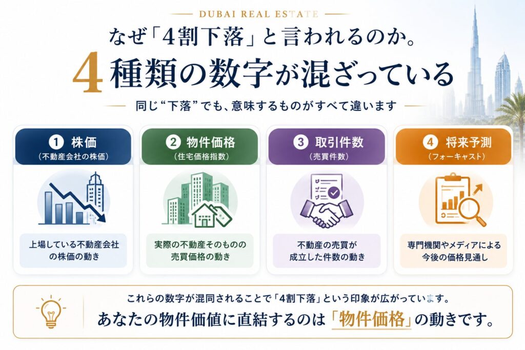 ドバイ不動産の「4割下落」という情報には、株価・物件価格・取引件数・将来予測の4種類の数字が混在していることを示した図。物件価値に直接関係するのは、実際の不動産価格の動きであることを解説しています。
