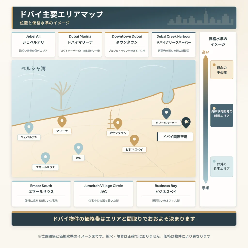 ドバイの主要エリアマップ。海沿い南からジェベルアリ、ドバイマリーナ、中央にダウンタウンとビジネスベイ、北東にドバイクリークハーバー、内陸にJVC、郊外にエマールサウスがあり、エリアごとの価格水準の高い手頃を色で示した図