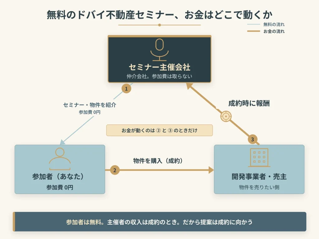 無料のドバイ不動産セミナーのお金の流れ。主催会社は参加者に無料でセミナーと物件を紹介し、参加者が物件を購入して成約したときに開発事業者や売主から報酬を得る仕組み