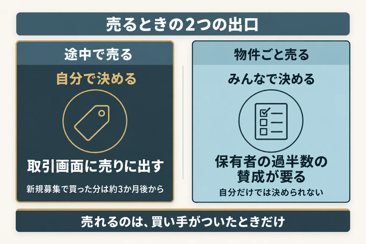 ドバイ不動産トークンの売り方は取引画面で途中売却する方法と保有者の過半数で物件ごと売る方法の2つがあることを示す図