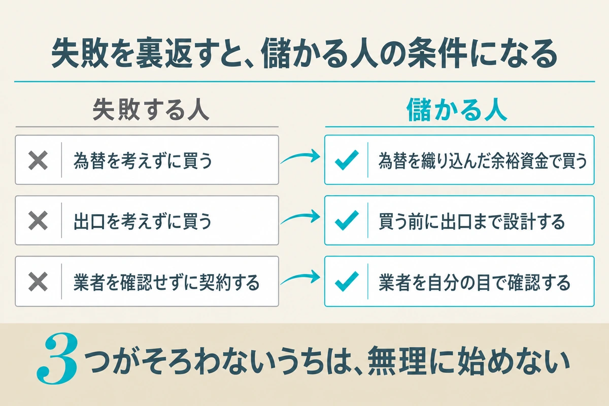 為替、出口、業者確認の3つの失敗パターンと、それを裏返した儲かる人の3つの条件を対にした図