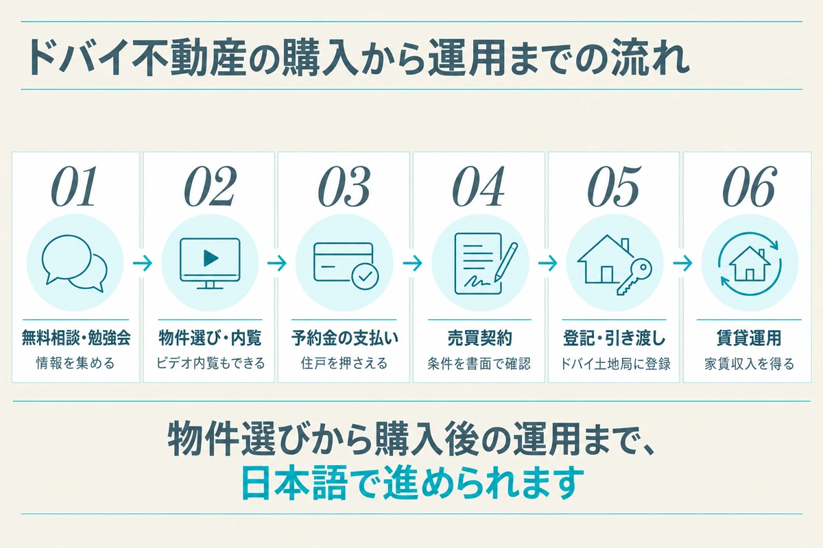 無料相談から物件選び、予約金の支払い、売買契約、登記と引き渡し、賃貸運用までのドバイ不動産購入の6つの流れ