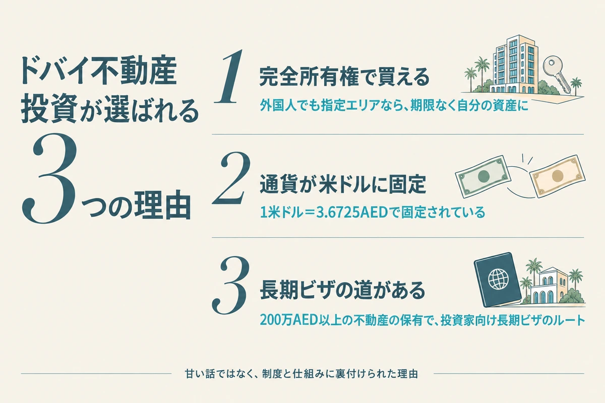 ドバイ不動産投資が選ばれる3つの理由。外国人でも指定エリアなら完全所有権で買える、通貨が1米ドル＝3.6725AEDで固定されている、200万AED以上の不動産の保有で投資家向け長期ビザの道がある