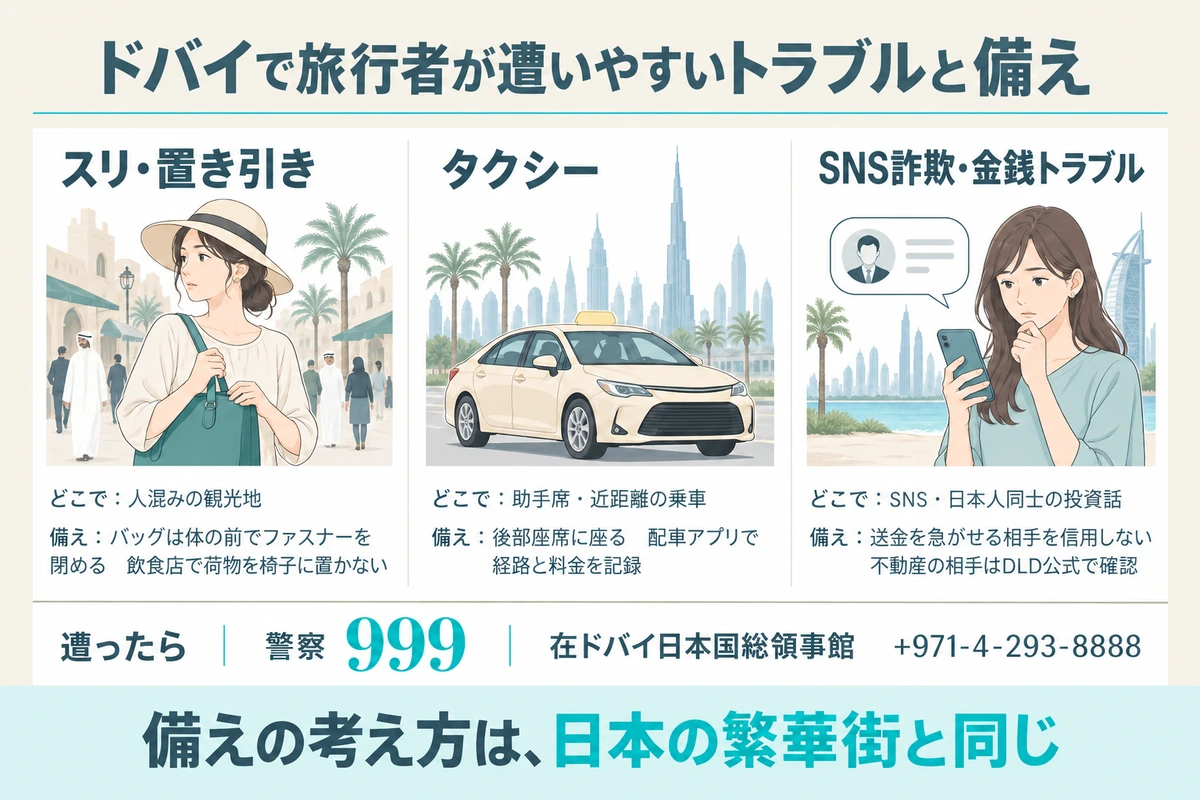 ドバイで旅行者が遭いやすいスリと置き引き、タクシー、SNS詐欺と金銭トラブルの3種類について、起きる場所と備えを並べ、緊急連絡先の警察999と在ドバイ日本国総領事館を示した図