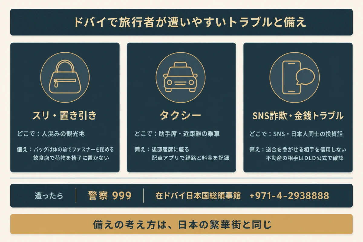 ドバイで旅行者が遭いやすいスリと置き引き、タクシー、SNS詐欺と金銭トラブルの3種類について、起きる場所と備えを並べ、緊急連絡先の警察999と在ドバイ日本国総領事館を示した図