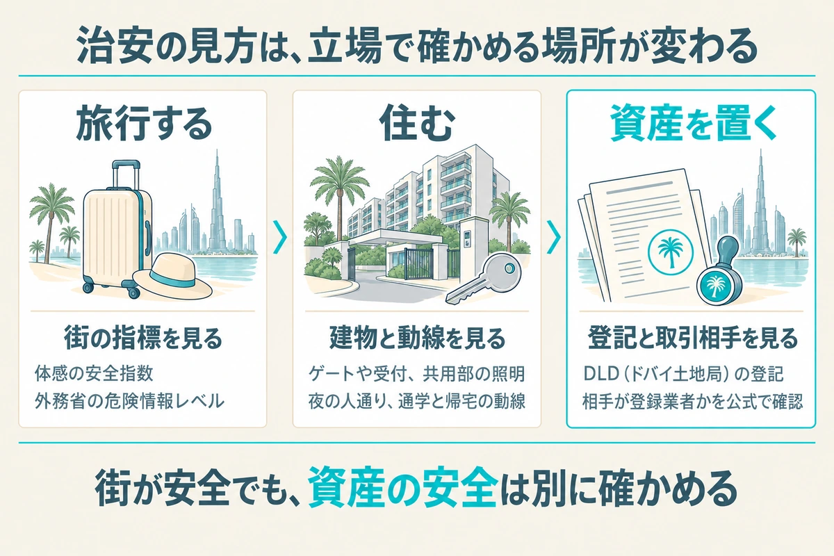 ドバイの治安の見方を旅行する、住む、資産を置くの3つの立場に分け、街の指標、建物と動線、登記と取引相手という確かめる場所の違いを並べた図