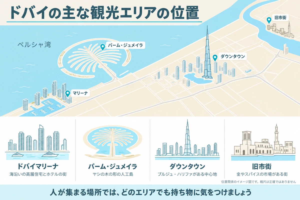 ドバイマリーナ、パーム・ジュメイラ、ダウンタウン、旧市街の4つの観光エリアの位置と特徴を示したイメージ図