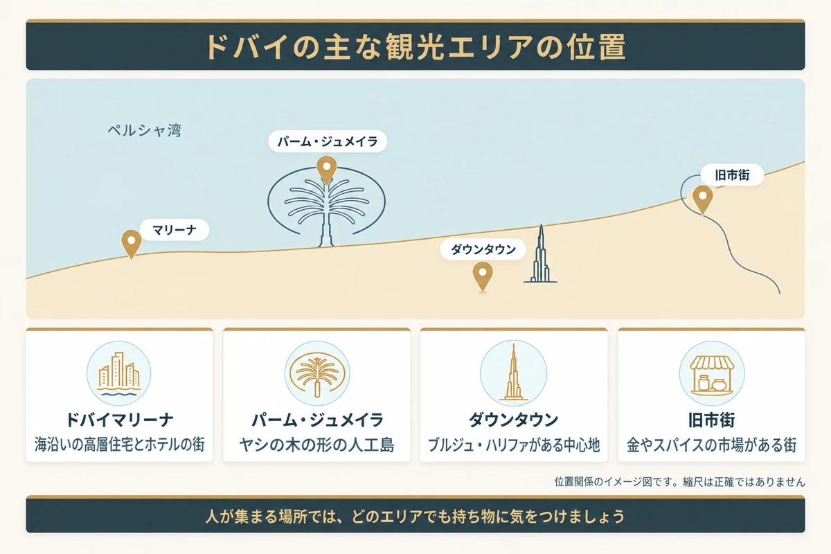 ドバイマリーナ、パーム・ジュメイラ、ダウンタウン、旧市街の4つの観光エリアの位置と特徴を示したイメージ図