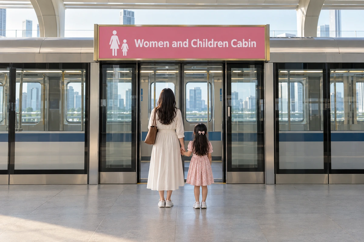 地下鉄のホームドアの上に付いたピンク色の看板で示された、女性と子ども専用車両の乗り場のイメージ