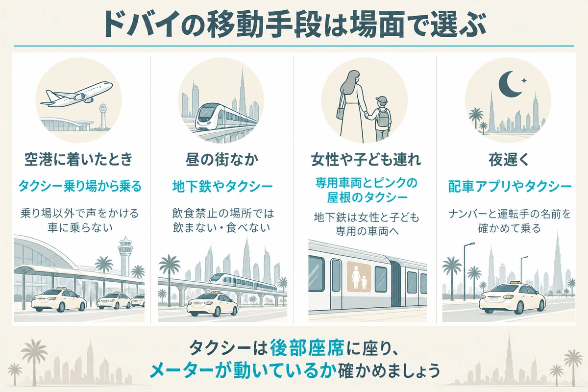 空港に着いたとき、昼の街なか、女性や子ども連れ、夜遅くの4つの場面ごとに、ドバイで使う移動手段と守ることをまとめた図