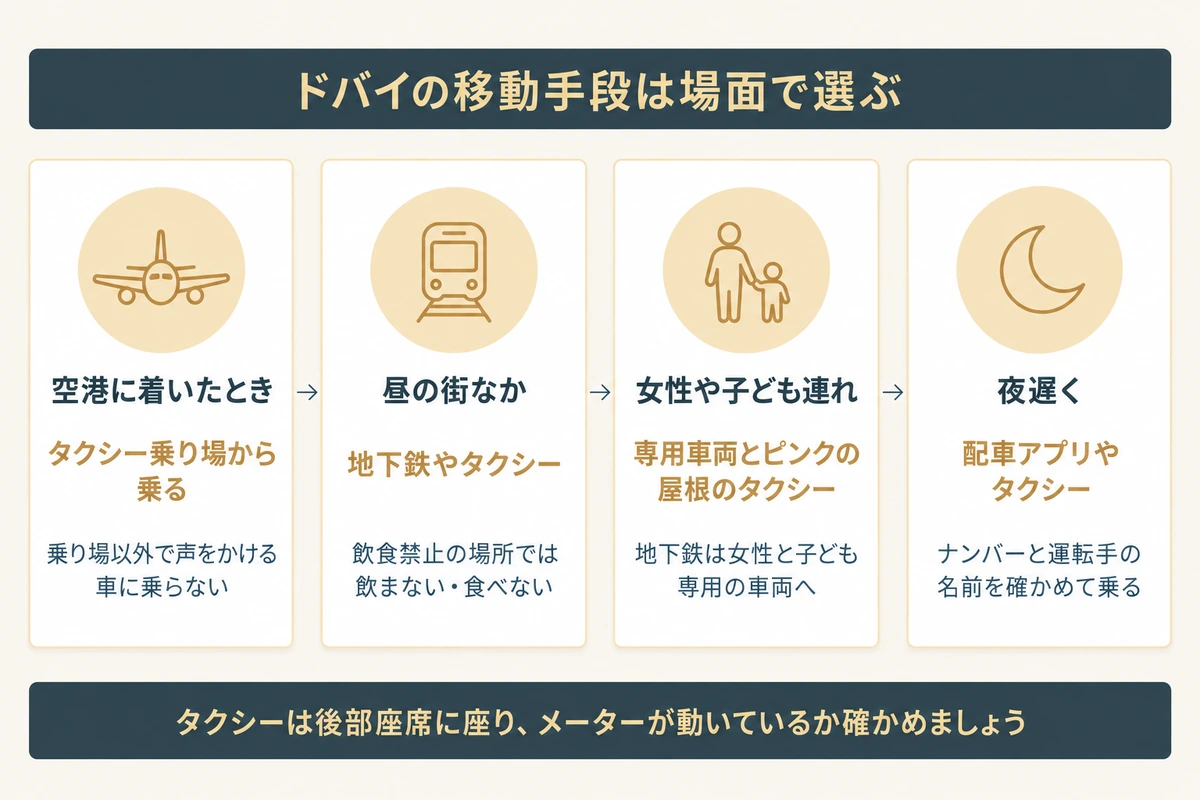 空港に着いたとき、昼の街なか、女性や子ども連れ、夜遅くの4つの場面ごとに、ドバイで使う移動手段と守ることをまとめた図