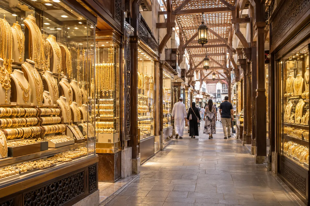 ドバイの旧市街にある、金の装飾品を並べた宝飾店が続く屋根付きの市場の通りのイメージ