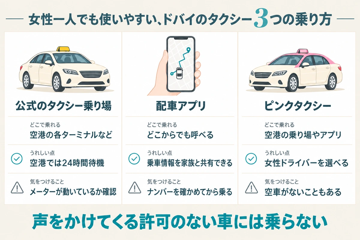 ドバイで女性一人が使いやすいタクシーの乗り方として、公式のタクシー乗り場、配車アプリ、ピンクタクシーの3つを、乗れる場所とうれしい点、気をつけることで比べた図