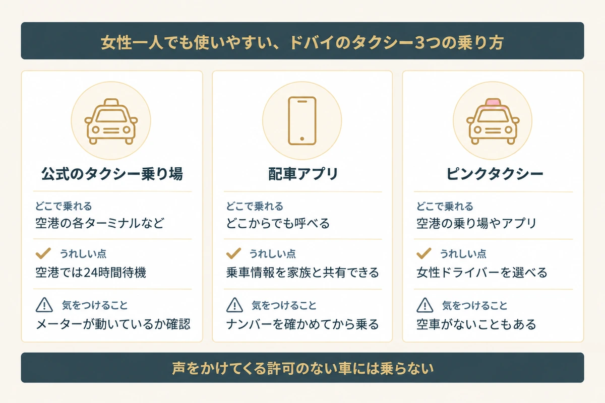 ドバイで女性一人が使いやすいタクシーの乗り方として、公式のタクシー乗り場、配車アプリ、ピンクタクシーの3つを、乗れる場所とうれしい点、気をつけることで比べた図