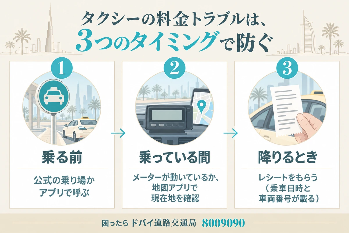 ドバイのタクシーで料金トラブルを防ぐために、乗る前、乗っている間、降りるときの3つのタイミングでやることを並べた図