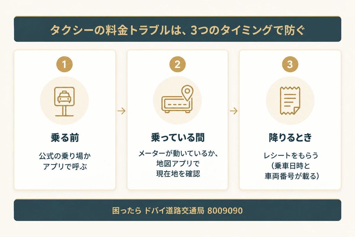 ドバイのタクシーで料金トラブルを防ぐために、乗る前、乗っている間、降りるときの3つのタイミングでやることを並べた図