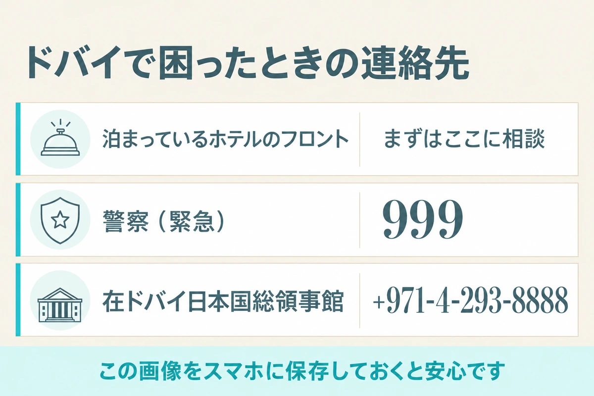 ドバイで困ったときの連絡先として、泊まっているホテルのフロント、警察999、在ドバイ日本国総領事館の番号を並べたカード