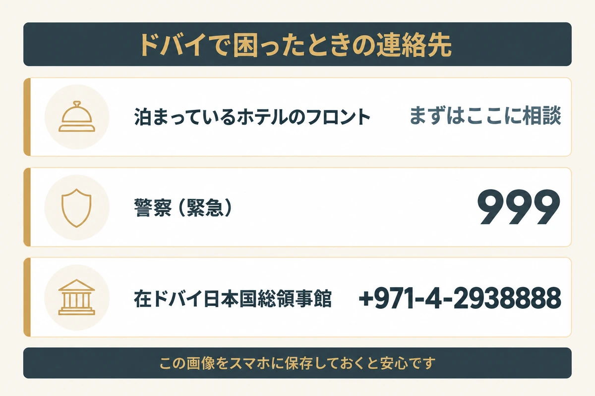ドバイで困ったときの連絡先として、泊まっているホテルのフロント、警察999、在ドバイ日本国総領事館の番号を並べたカード