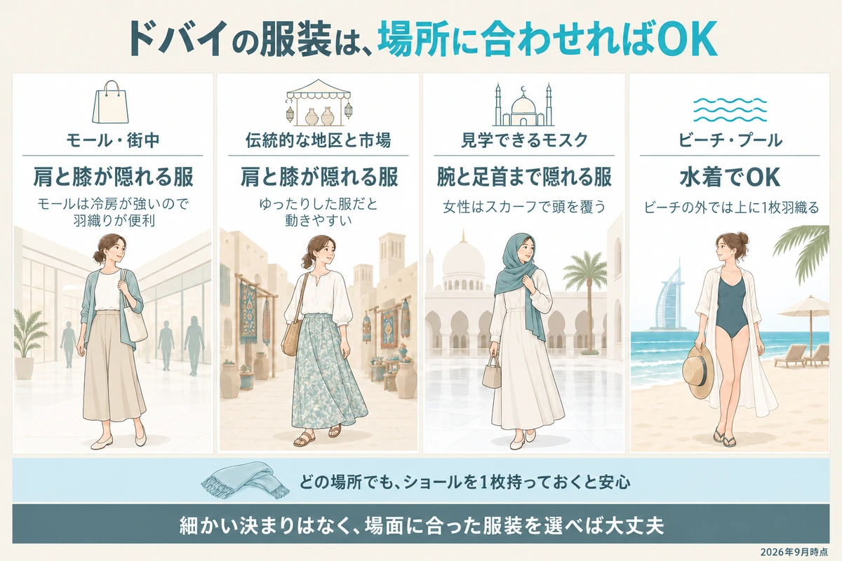 モールや街中、伝統的な地区と市場、見学できるモスク、ビーチとプールの4つの場所ごとに、ドバイで女性が意識したい服装の目安を並べた図