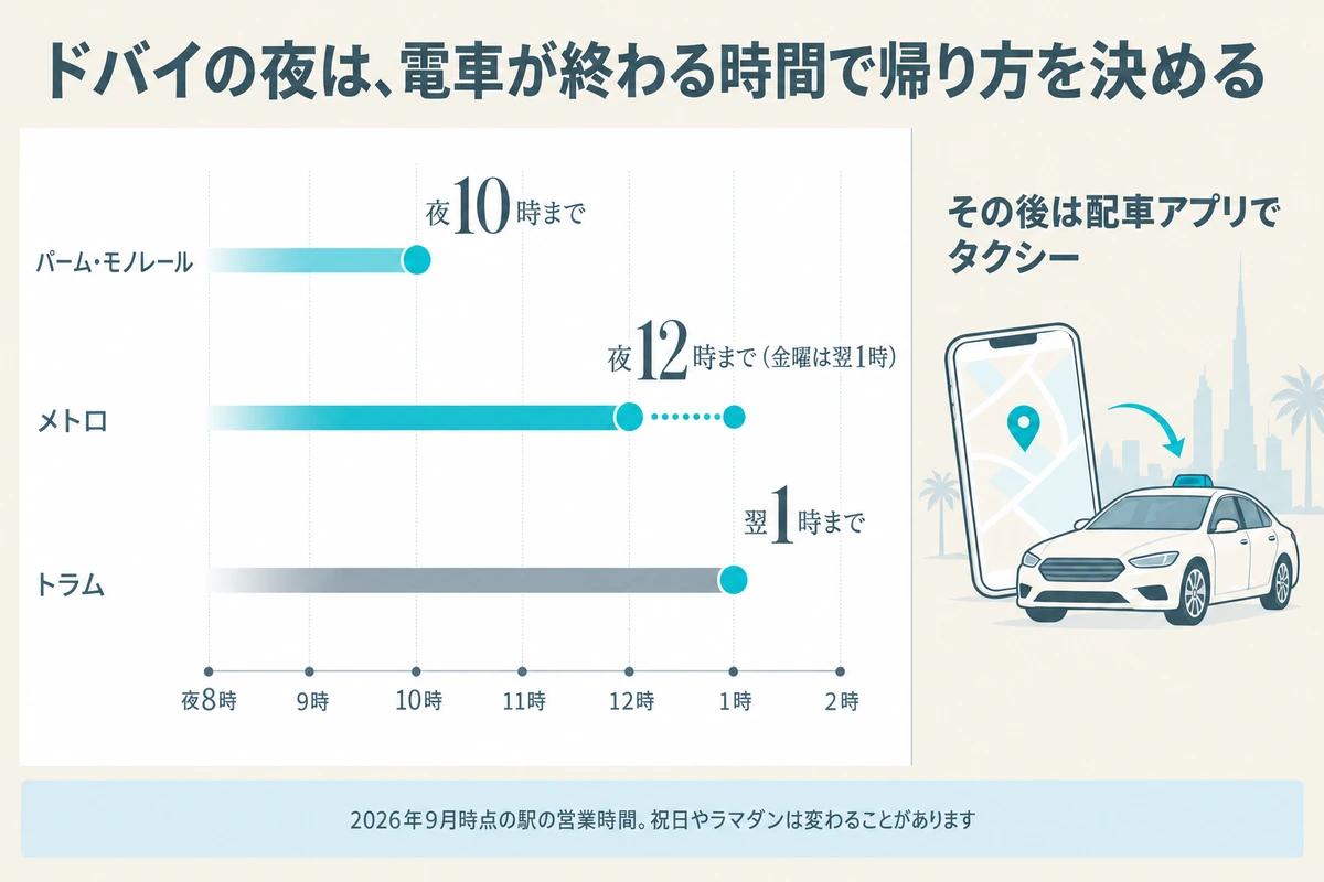 ドバイのパーム・モノレールが夜10時、メトロが夜12時(金曜は翌1時)、トラムが翌1時に終わり、その後は配車アプリでタクシーを使う帰り方を示した図