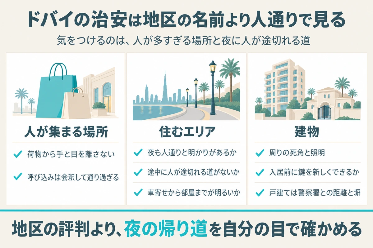 ドバイの治安を地区の名前ではなく人通りで見るための早見図。人が集まる場所・住むエリア・建物の3つの場面で見る点をまとめたもの