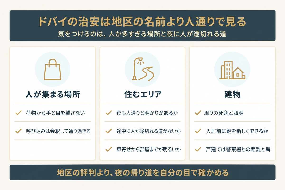 ドバイの治安を地区の名前ではなく人通りで見るための早見図。人が集まる場所・住むエリア・建物の3つの場面で見る点をまとめたもの
