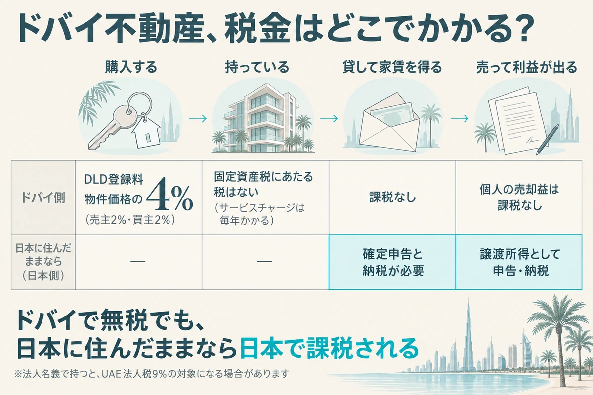 ドバイ不動産を購入してから売却するまでの4つの場面で、ドバイ側と、日本に住んだままの場合の日本側でかかる税金と費用を比べた図。購入時はDLD登録料4%、保有中は固定資産税にあたる税はないがサービスチャージがかかり、家賃収入と売却益は日本に住んだままなら日本で申告が必要