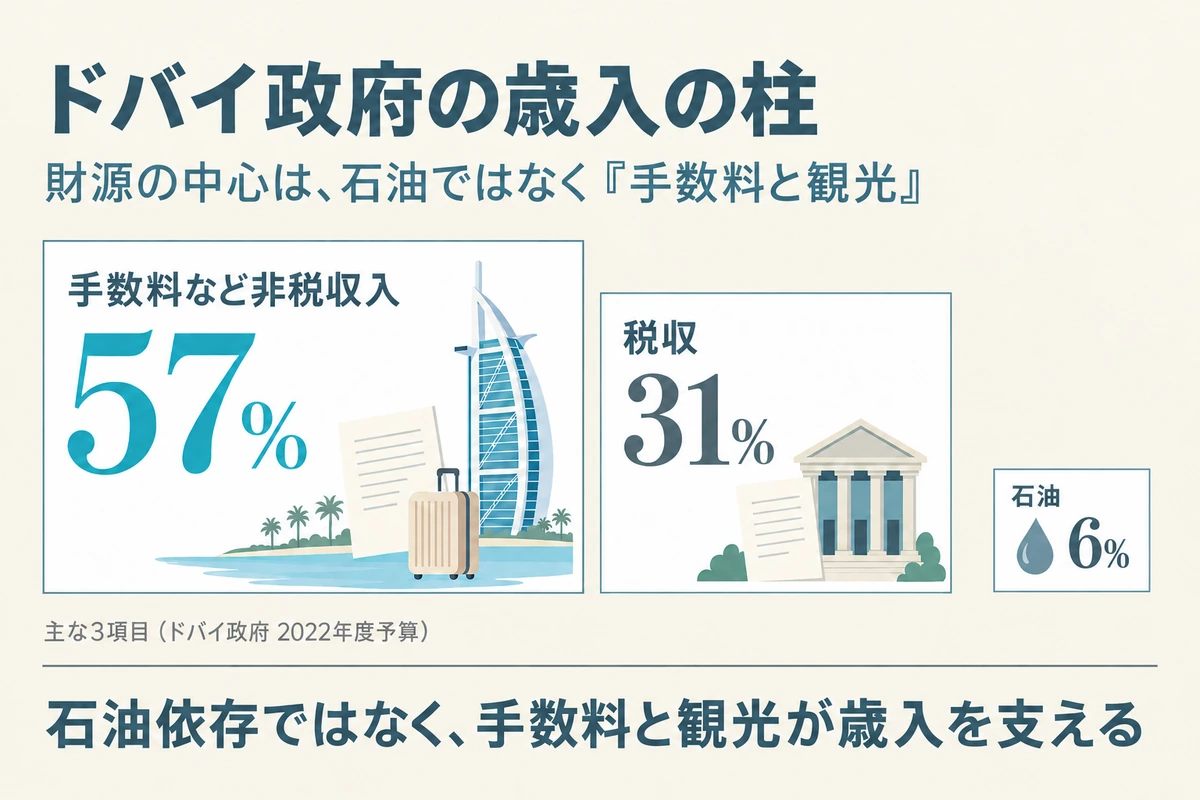 ドバイ政府の歳入の内訳を示した図。手数料など非税収入57%、税収31%、石油6%