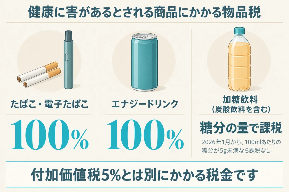UAEの物品税。たばこと電子たばこ、エナジードリンクは100%、加糖飲料（炭酸飲料を含む）は2026年1月から糖分の量で課税され、100mlあたりの糖分が5g未満なら課税されない