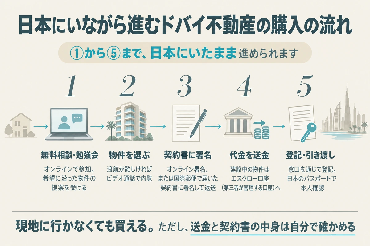 日本にいながら進むドバイ不動産の購入の流れ。無料相談、物件選び、契約書に署名、代金の送金、登記と引き渡しの5段階