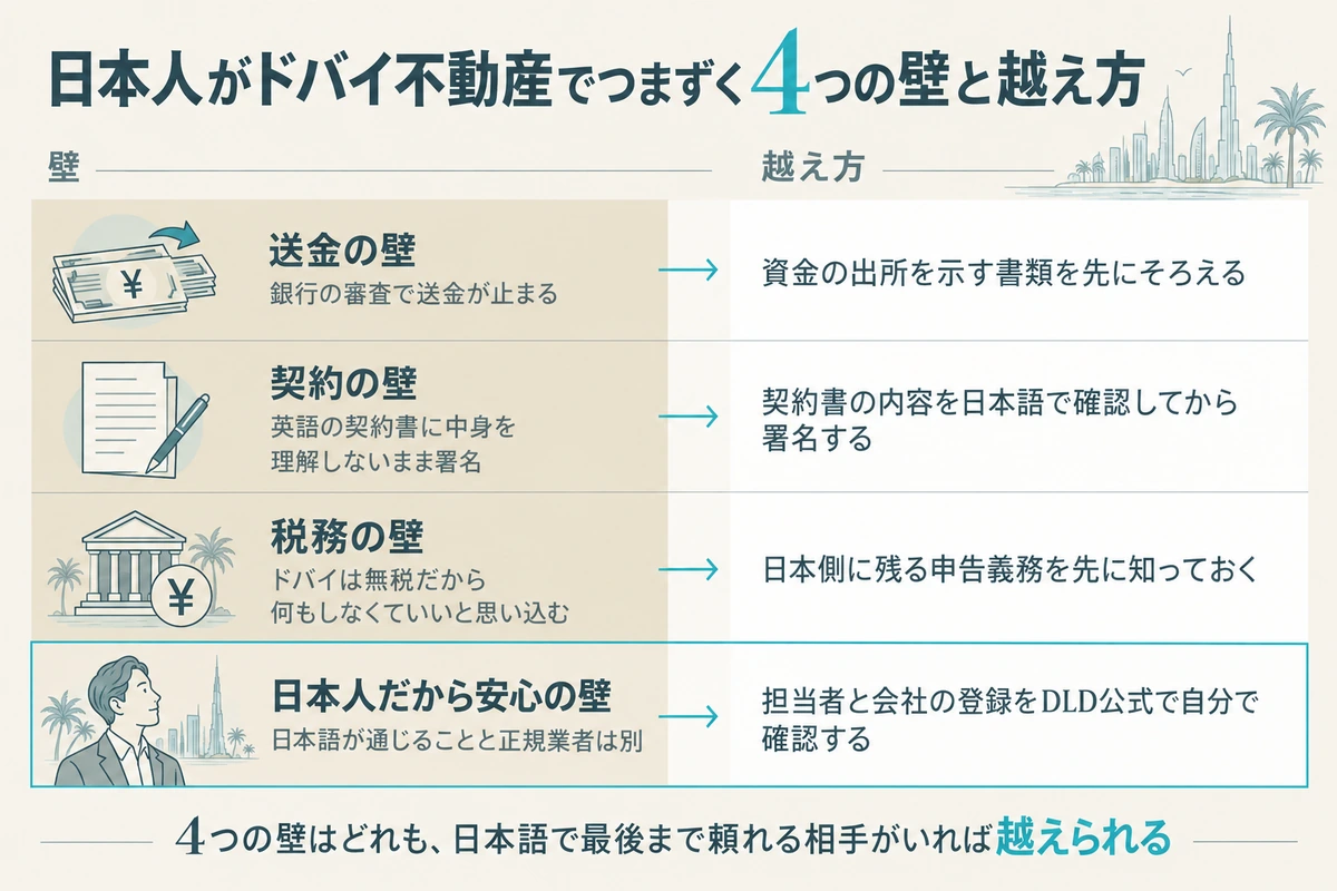 日本人がドバイ不動産でつまずく4つの壁と越え方。送金、契約、税務、日本人だから安心の4つの壁と、それぞれの越え方