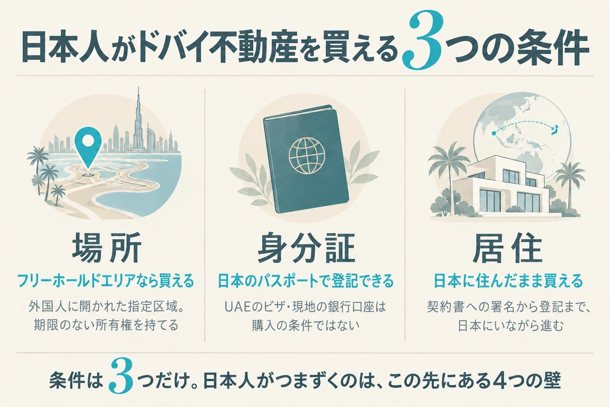 日本人がドバイ不動産を買える3つの条件。場所はフリーホールドエリア、身分証は日本のパスポート、日本に住んだままでも買える